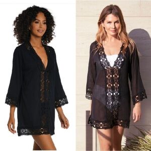 La Blanca Black Island Fare V-Neck Crochet Trim Swim Cover-Up Size Small